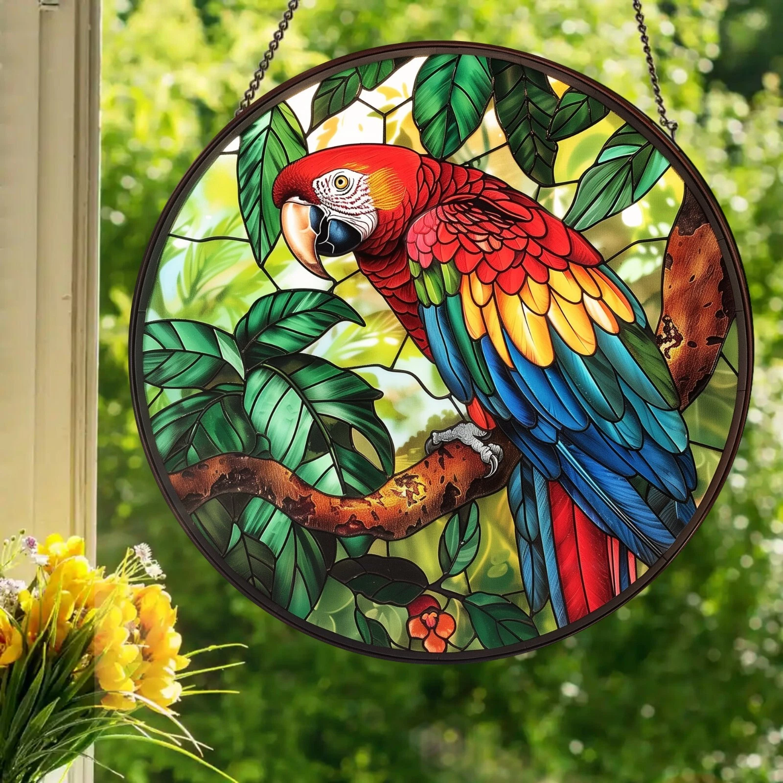 View of Scarlet Macaw: Stained Glass Style Wall or Window Hanging - Walmart.com