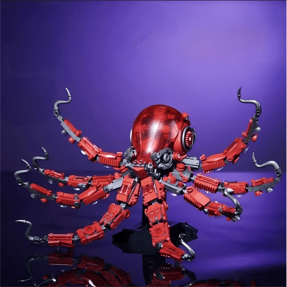 Scarlet Mechanical Octopus Building Blocks, Cyberpunk Deep-Sea Creature Model Set, Home Office Table Centerpiece Decor