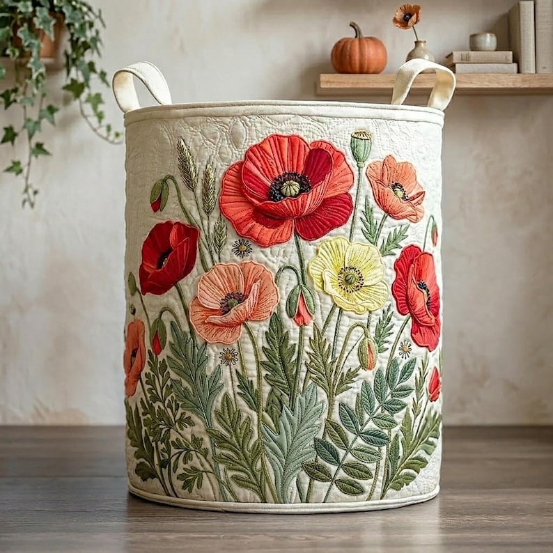 Scarlet Poppy Dream Quilted Laundry Basket: Wild Flowers Field Hamper, Floral Hill Storage Bin