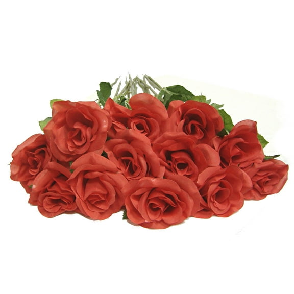 Scarlet Red Garden Rose 24in Artificial Polysilk Faux Fake Open Bloom Flower Long Stem for Craft Home Outdoor Bouquet Arrangement Ceremony Wedding Arch Floral Wall Aisle Decor (Red, Set of 2 Dozen)