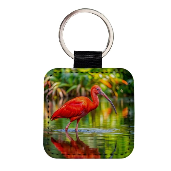 Scarlet Red Ibis Tropical Bird Faux Leather Square Keychain