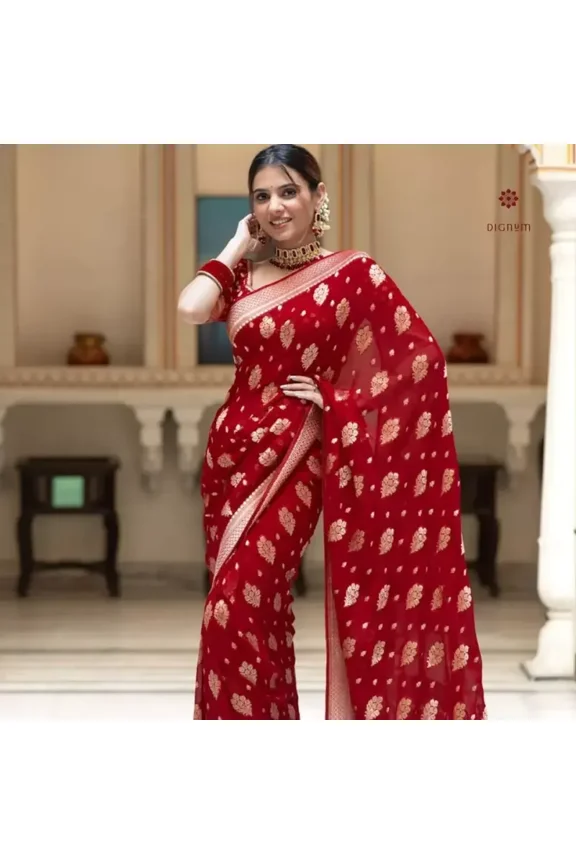 Scarlet Red Woven Banarasi Georgette Saree