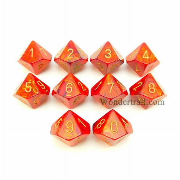 Scarlet Scarab Dice with Gold Numbers D10 16mm (5/8in) Pack of 10 Dice Chessex