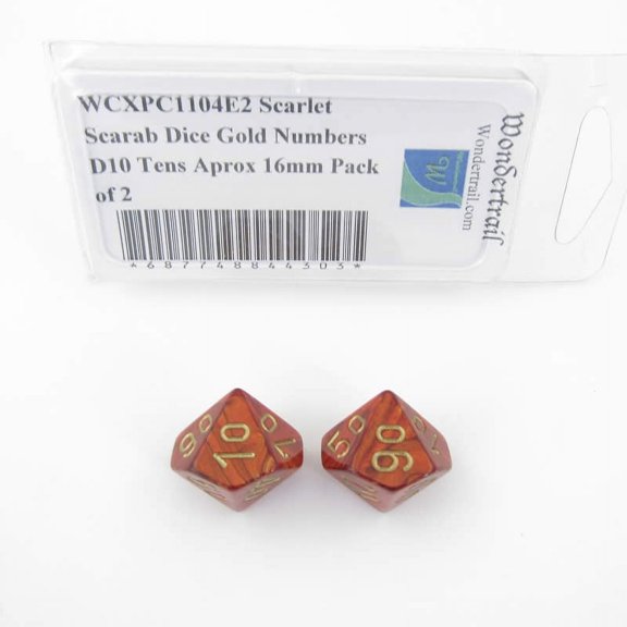 Scarlet Scarab Dice with Gold Numbers D10 Tens Aprox 16mm (5/8in) Pack of 2 Wondertrail