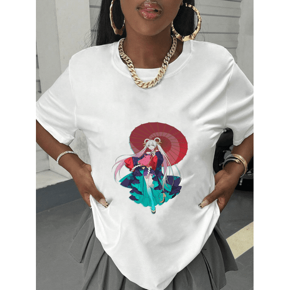 Scarlet Wagasa Elegance Kaguya's Silver-Twin-Tail Neo-Wafu Anime Girl Graphic Front Print White T-Shirt