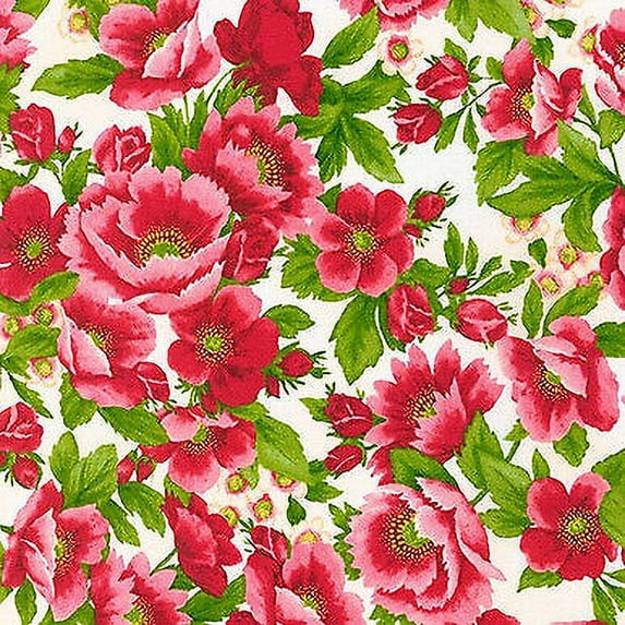 Scarlets Garden Flowers White by Debbie Beaves Cotton Fabric, BTY Kaufman