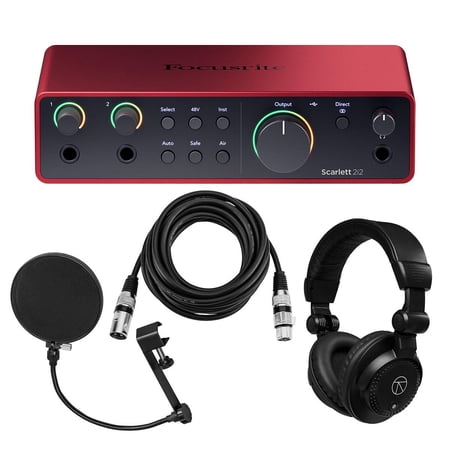 Focusrite Scarlett 2i2 4th Gen USB Interface with Software Suite, Bundle with Closed Baco Studio Headphones and 15' XLR Microphone Cable, Pop Filter with Gooseneck (4 Items)