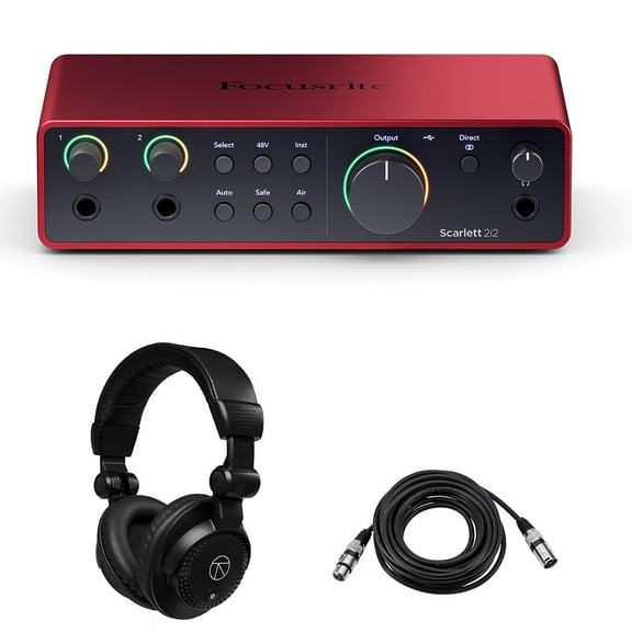 Focusrite Scarlett 2i2 4th Gen USB Interface with Software Suite, Bundle with TAPH100 Headphones and 25' XLR Microphone Cable