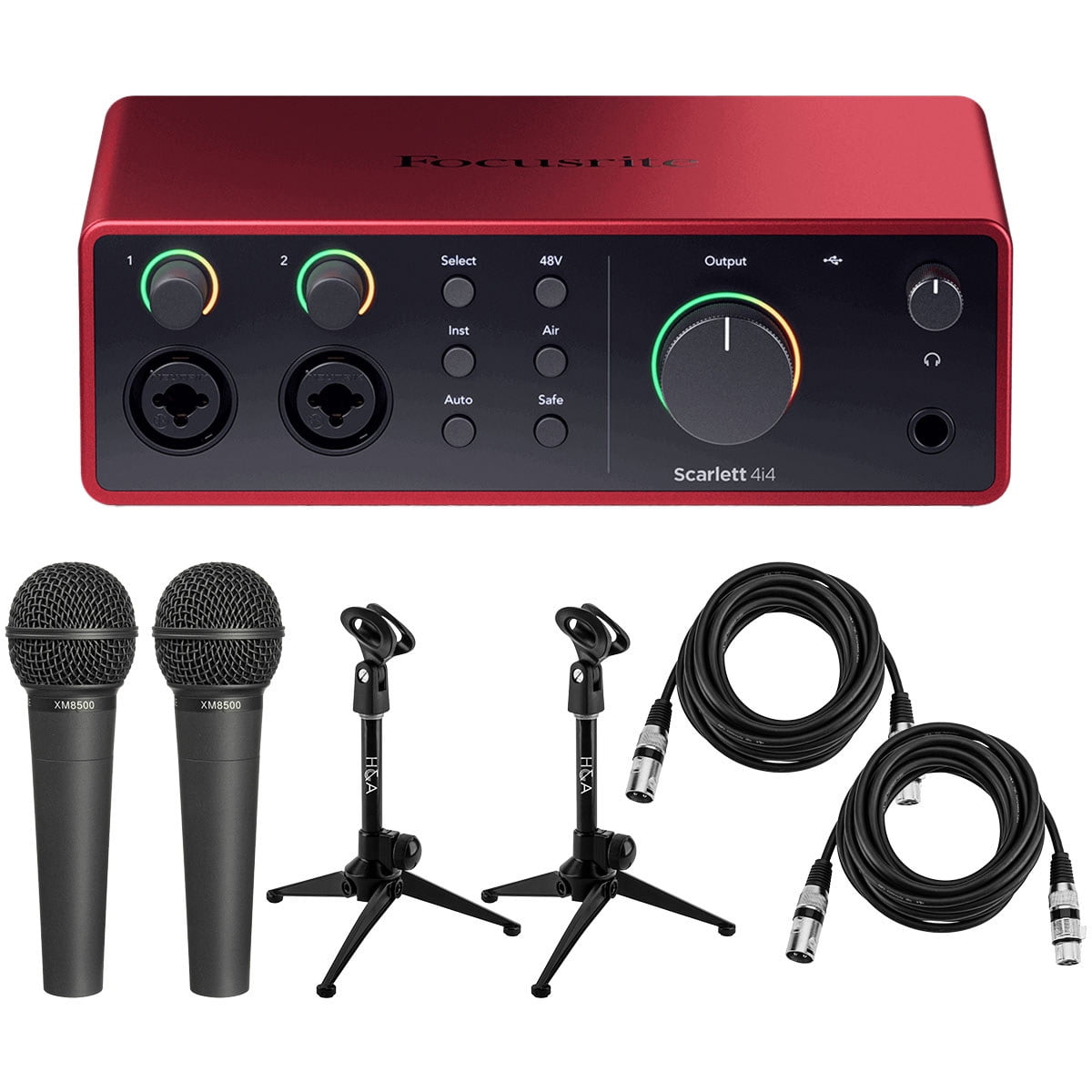 Scarlett 4i4 4th Gen USB Interface with Software Suite, Bundle with 2x XM8500 Microphones and 2x Tripod Mic Stand