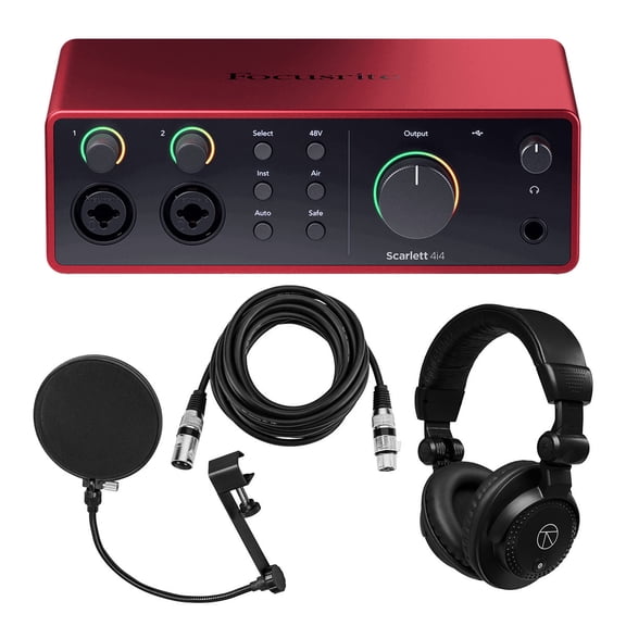 Scarlett 4i4 4th Gen USB Interface with Software Suite, Bundle with TAPH100 Headphones, 2x 15' XLR Microphone Cable