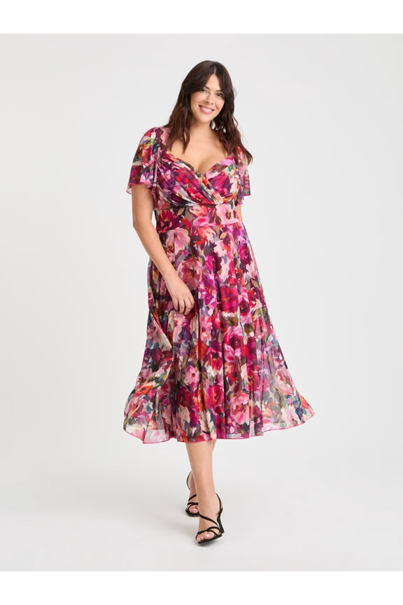 Liz Floral Bolero Wrap Bodice Midi Dress - Pink, 28