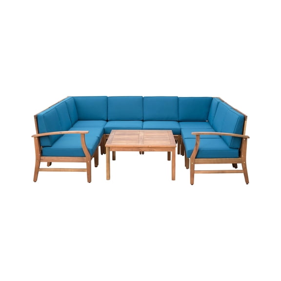 Scarlett Outdoor 8 Seat Teak Finished Acacia Wood Sectional Sofa and Table Set