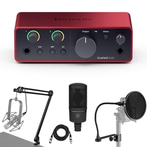 Focusrite Scarlett Solo 4th Gen USB Audio Interface with Software Suite, Bundle Cardioid Condenser Microphone and Broadcast Arm with Internal Springs and Integrated XLR Cables & Pop Filter (5