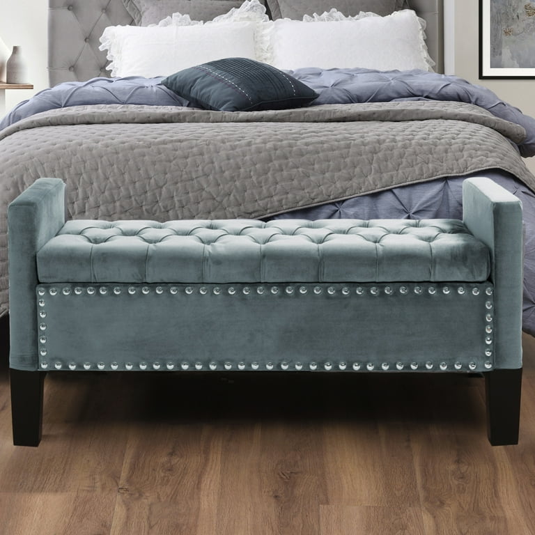 Scarlett Velvet Button Tufted Storage Bench Silver Nailhead Trim