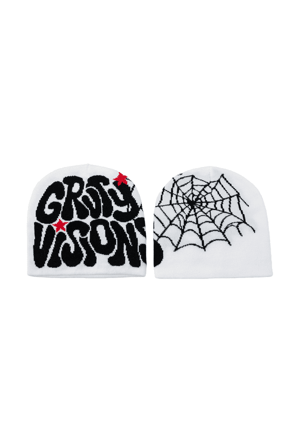 Trendy Knit Beanie Hat for Women, Double-Sided “Groty Visions” Letter & Spider Web Design, Soft Stretch Winter Cap, Cozy Streetwear Fashion Gift for Girls & Her