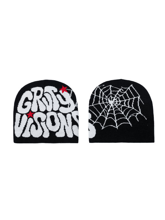 Trendy Knit Beanie Hat for Women, Double-Sided “Groty Visions” Letter & Spider Web Design, Soft Stretch Winter Cap, Cozy Streetwear Fashion Gift for Girls & Her