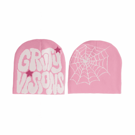 ScarletteEmmy Trendy Knit Beanie Hat for Women, Double-Sided “Groty Visions” Letter & Spider Web Design, Soft Stretch Winter Cap, Cozy Streetwear Fashion Gift for Girls & Her