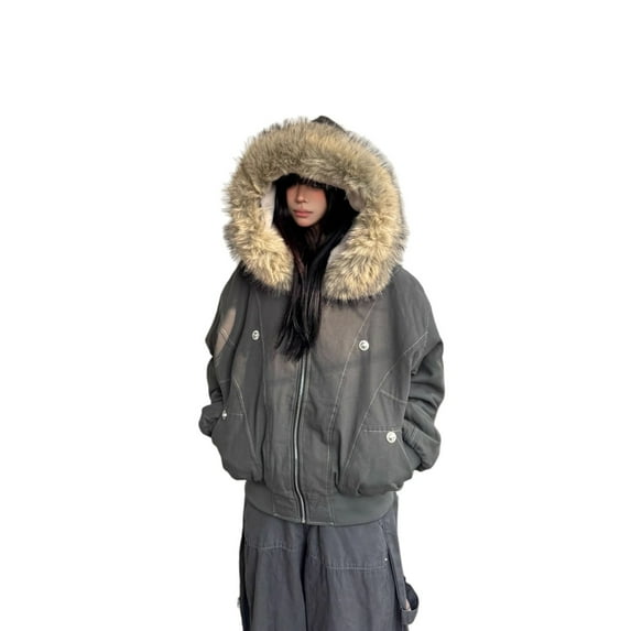 ScarletteEmmy Vintage Retro Faux-Fur Trim Parka Jacket for Women, Fleece-Lined Short Winter Coat, Warm Insulated Thickened Outerwear