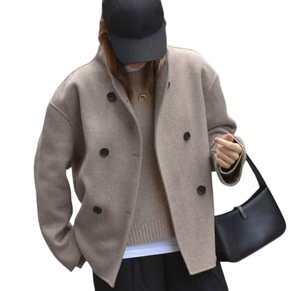 ScarletteEmmy Women’s Brown Wool Blend Double-Breasted Coat, Elegant French Style V-Neck Blazer Jacket for Fall Winter Fashion