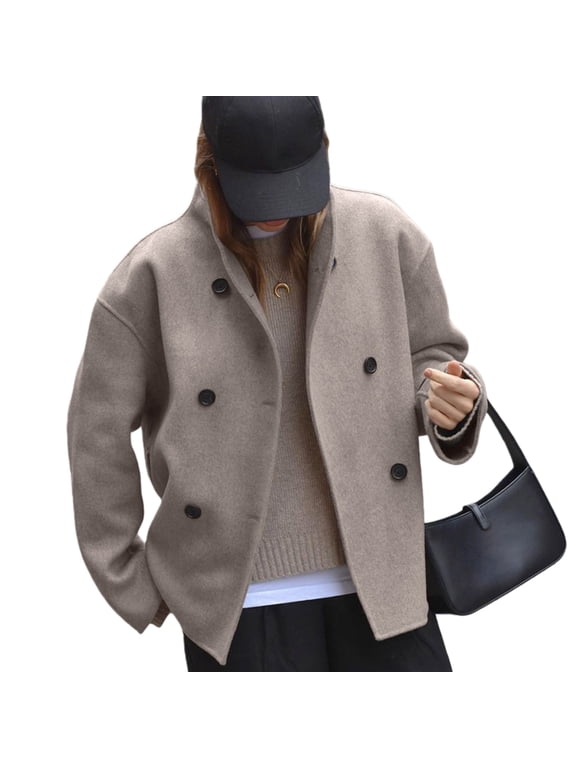 Women’s Brown Wool Blend Double-Breasted Coat, Elegant French Style V-Neck Blazer Jacket for Fall Winter Fashion
