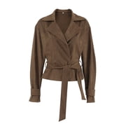 ScarletteEmmy Women s Faux Suede Belted Jacket, Lapel Blazer Coat, Soft Matte Outerwear, Fashion Fall Casual Streetwear, Slim Fit Wrap Design