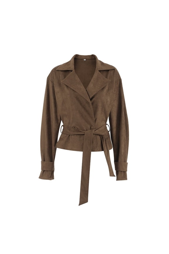Women’s Faux Suede Belted Jacket, Lapel Blazer Coat, Soft Matte Outerwear, Fashion Fall Casual Streetwear, Slim Fit Wrap Design