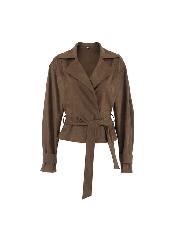 Women’s Faux Suede Belted Jacket, Lapel Blazer Coat, Soft Matte Outerwear, Fashion Fall Casual Streetwear, Slim Fit Wrap Design