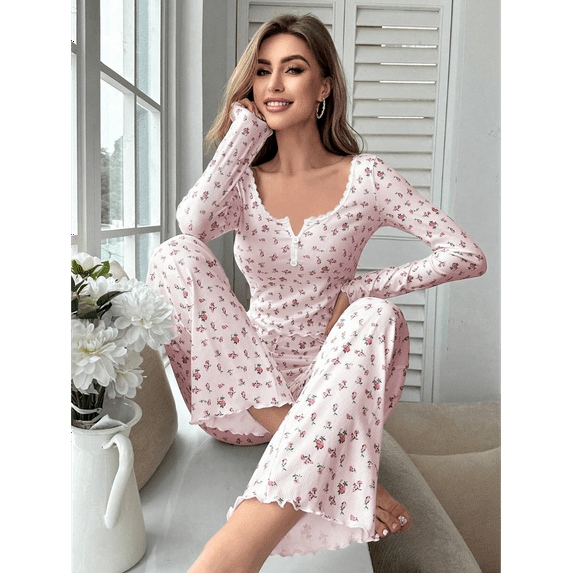 ScarletteEmmy Women’s Floral Pajama Set, Long Sleeve Button Front Lounge Sleepwear, Soft Ribbed Knit 2-Piece PJs, Lightweight Comfortable Homewear, Elegant Printed Loungewear Gift for Her
