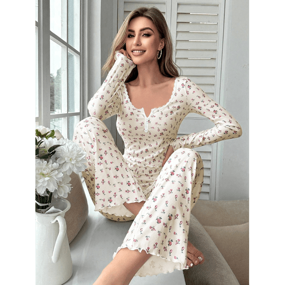 ScarletteEmmy Women’s Floral Pajama Set, Long Sleeve Button Front Lounge Sleepwear, Soft Ribbed Knit 2-Piece PJs, Lightweight Comfortable Homewear, Elegant Printed Loungewear Gift for Her