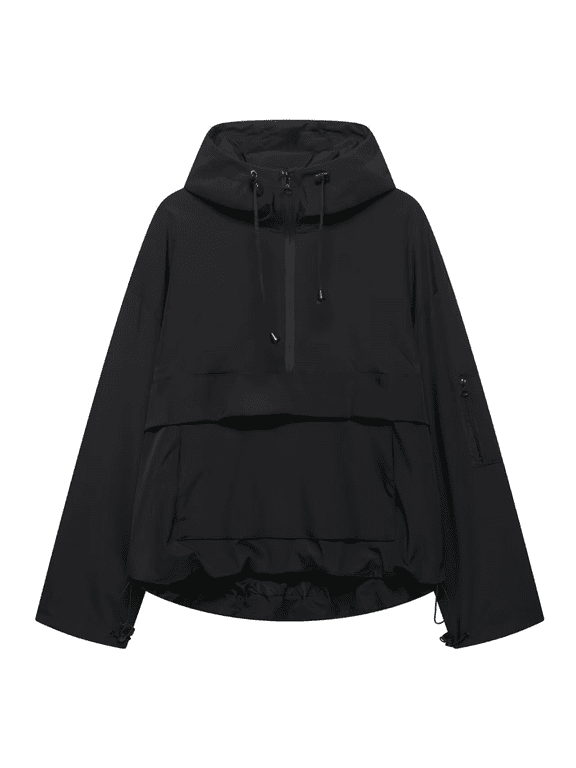 Women’s Hooded Windbreaker, Lightweight Water-Resistant Half-Zip Anorak Pullover with Drawcord Hem & Zip Sleeve Pocket, Outdoor Rain Shell for Hiking/Travel