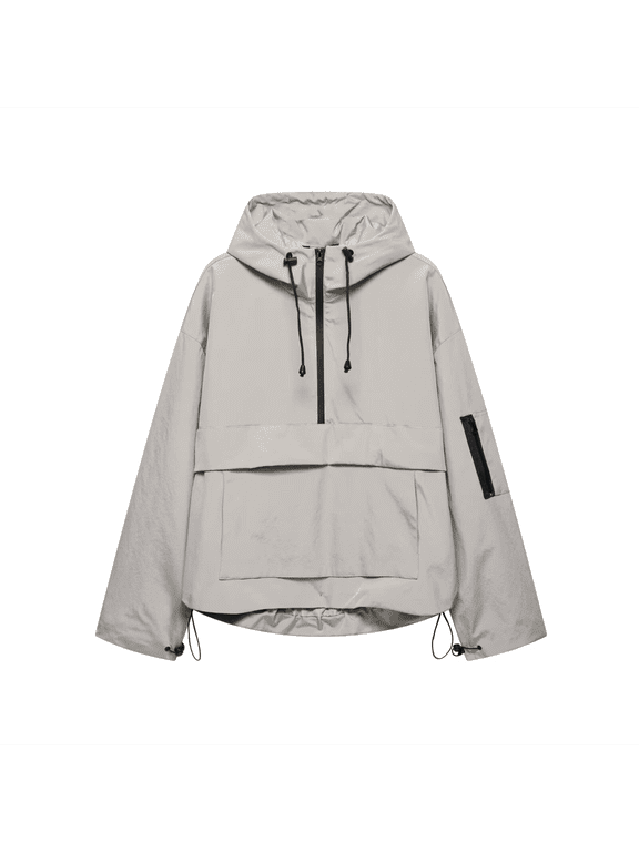 Women’s Hooded Windbreaker, Lightweight Water-Resistant Half-Zip Anorak Pullover with Drawcord Hem & Zip Sleeve Pocket, Outdoor Rain Shell for Hiking/Travel
