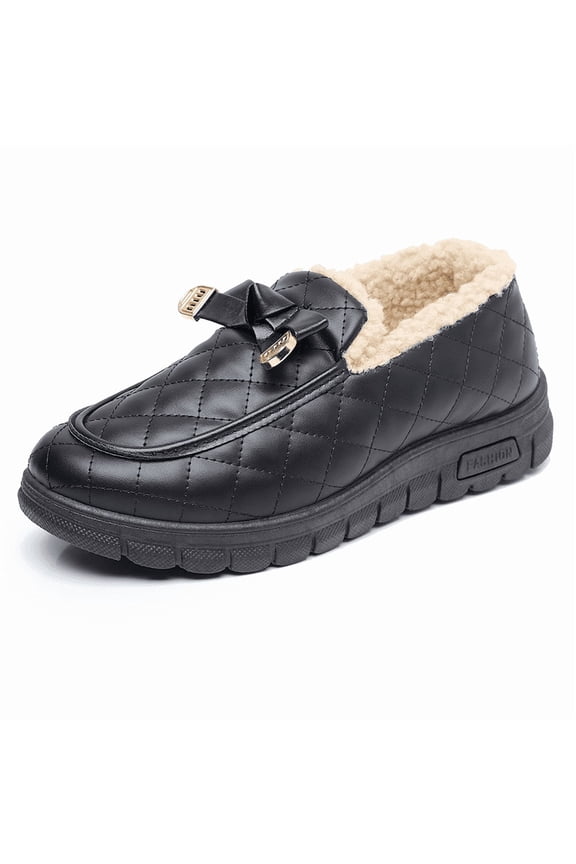 Women’s Quilted Faux Leather Bow Slip-On Loafers, Warm Plush Lined Non-Slip Flats, Lightweight Indoor Outdoor Comfort Shoes, Elegant Winter Fashion Christmas Gift for Her