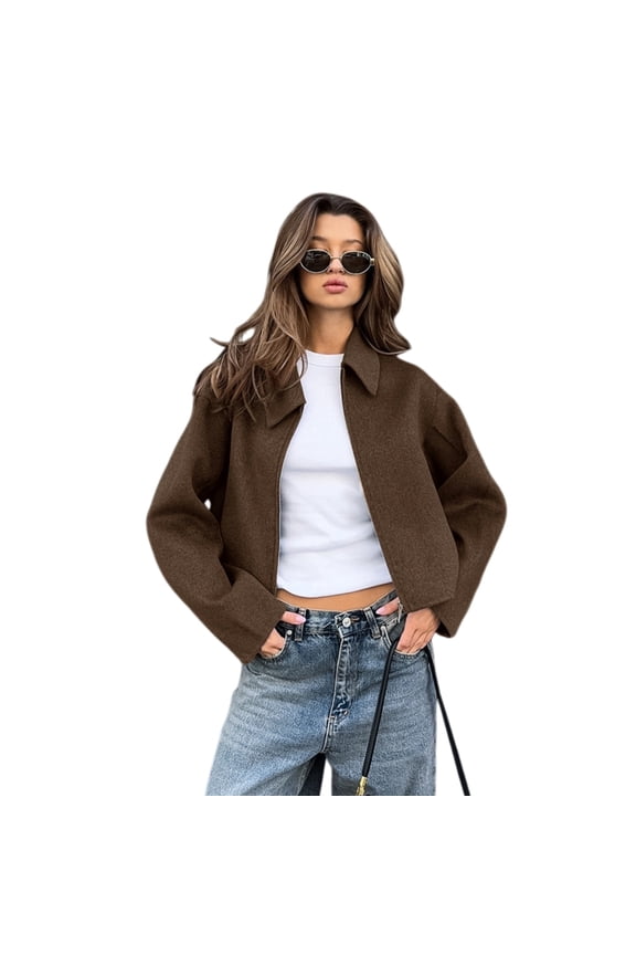 Women’s Wool Blend Fall Winter Zip-Up Jacket, Fashion Lapel Long Sleeve Coat, Loose Casual Warm Outerwear, Trendy Thick Woolen Overcoat for Cold Weather, Daily Streetwear Gift for Her