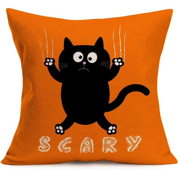 Scary Black Cat Pillow Covers Halloween Decorative Cat Print Pillowcase 20x20 Inch Orange Farmhouse Cushion Cover Cotton Linen Decor (Scary)
