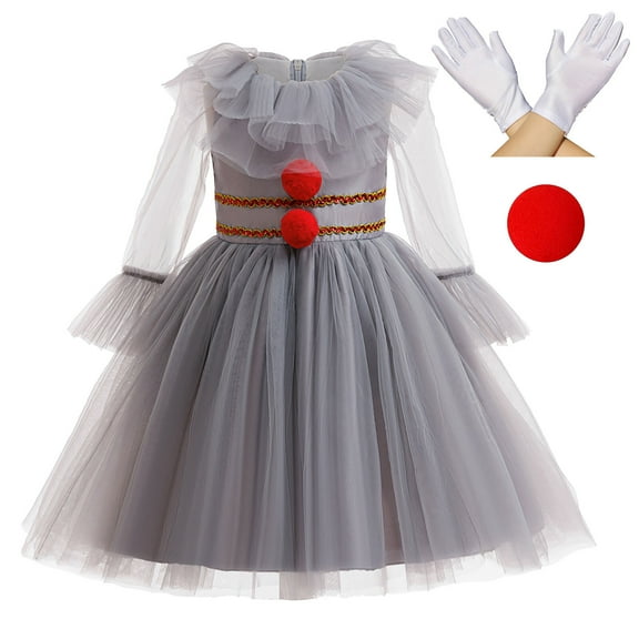 Scary Clown Costume w/Gloves Red Nose for Girls Halloween Cosplay Fancy Dress, Size 5-6Y