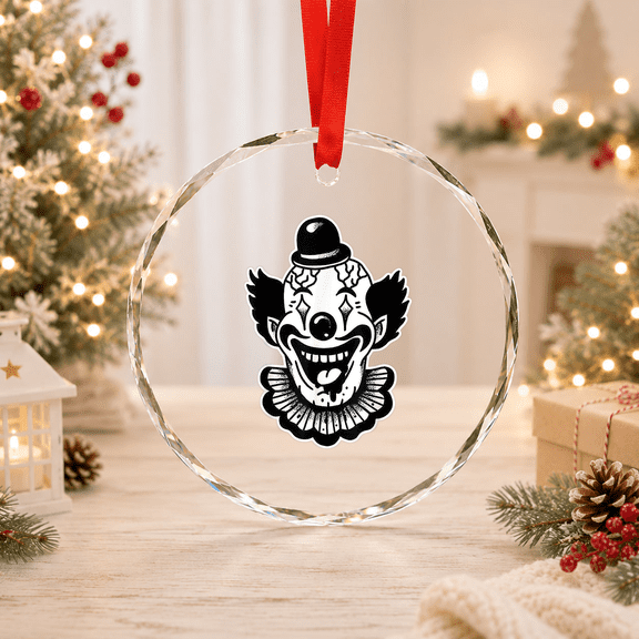 Scary Clown Creepy Evil Circus Blackwork Glass Ornament