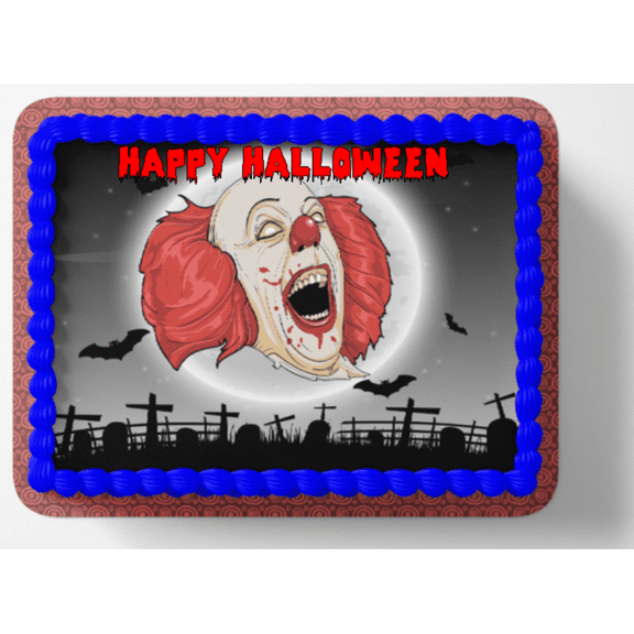 Scary Clown Image Edible Cake Topper Decoration Edible Frosting Sheet to fit on a 1/4 to 1/2 Sheet Cake Rectngle Halloween Cake Topper (only topper)