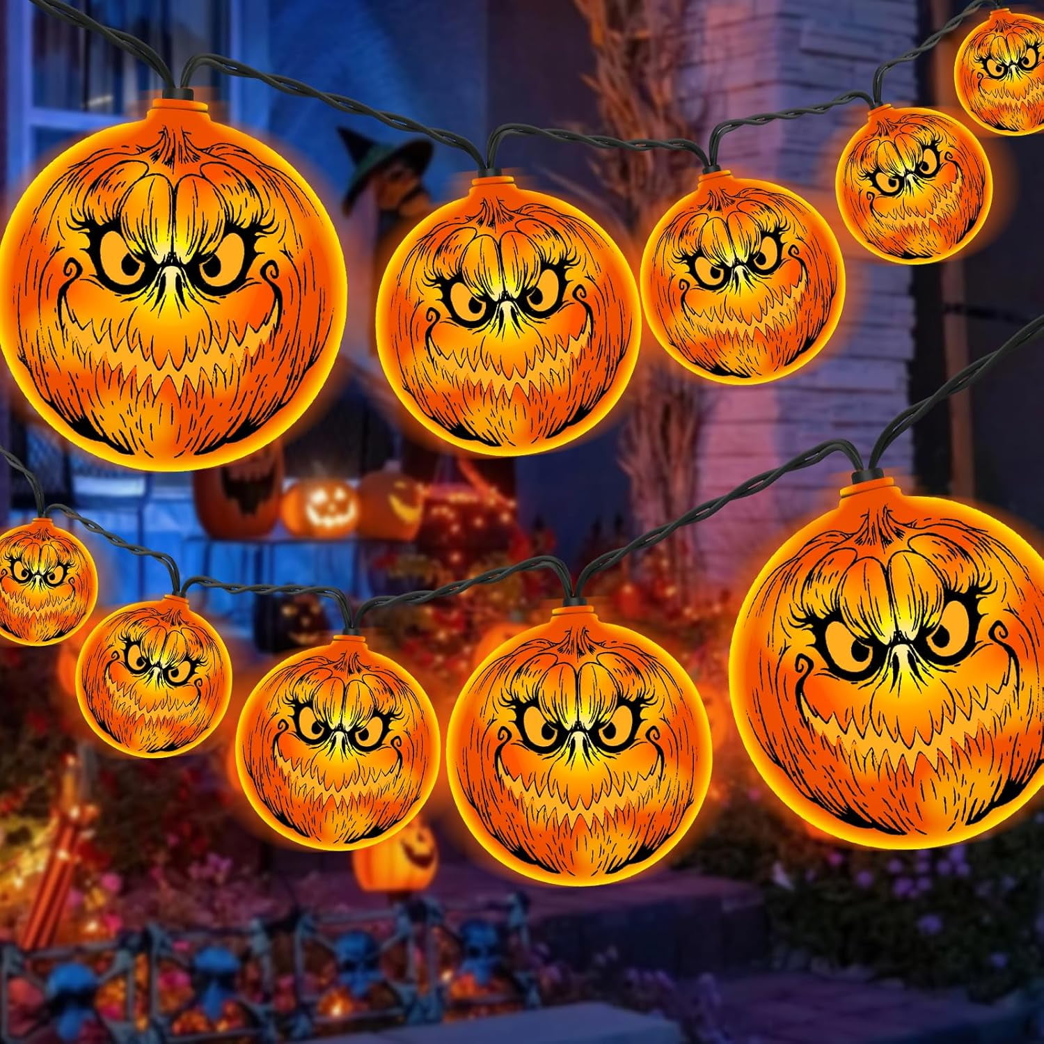 Halloween Pumpkin Lantern String Lights - 10 Pack, 9.8ft Plug-in, Connectable Outdoor/Indoor Decor