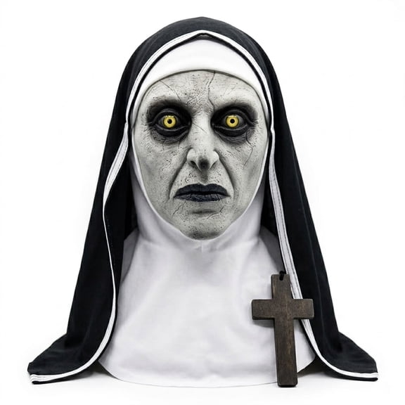 Scary Demonic Nun Mask for Adults, Creepy Evil Sister Full Head Latex Masque with Veil, Horror Cosplay Costume Props for Halloween Party