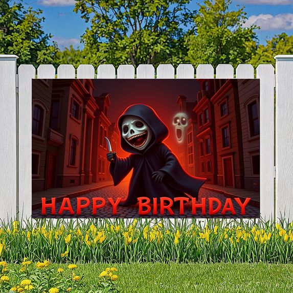 Scary Design Birthday Banner Horror Theme Gothic for Halloween Party Celebration Indoor Decoration