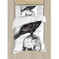 thumbnail image 1 of Scary Duvet Cover Set, Scary Movies Theme Crow Bird Sitting on a Human Old Skull Sketchy Image, Decorative 2 Piece Bedding Set with 1 Pillow Shams, Twin Size, Charcoal Grey White, by Ambesonne, 1 of 3