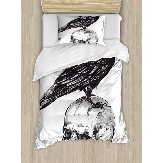 Scary Duvet Cover Set, Scary Movies Theme Crow Bird Sitting on a Human Old Skull Sketchy Image, Decorative 2 Piece Bedding Set with 1 Pillow Shams, Twin Size, Charcoal Grey White, by Ambesonne