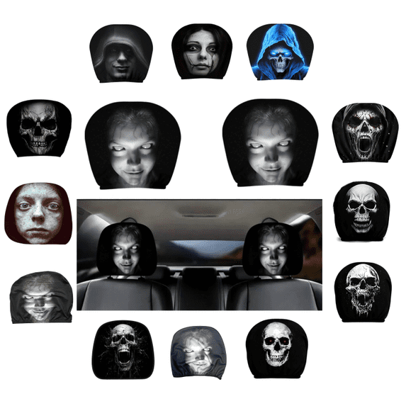 Scary Face Mask Car Headrest Covers, Funny Spooky Ghostface Car Accessories Halloween Auto Decor Stretchy Fit Machine Washable 2PC (D)
