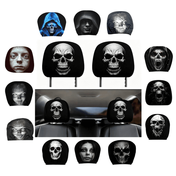 Scary Face Mask Car Headrest Covers, Funny Spooky Ghostface Car Accessories Halloween Auto Decor Stretchy Fit Machine Washable 2PC (J)