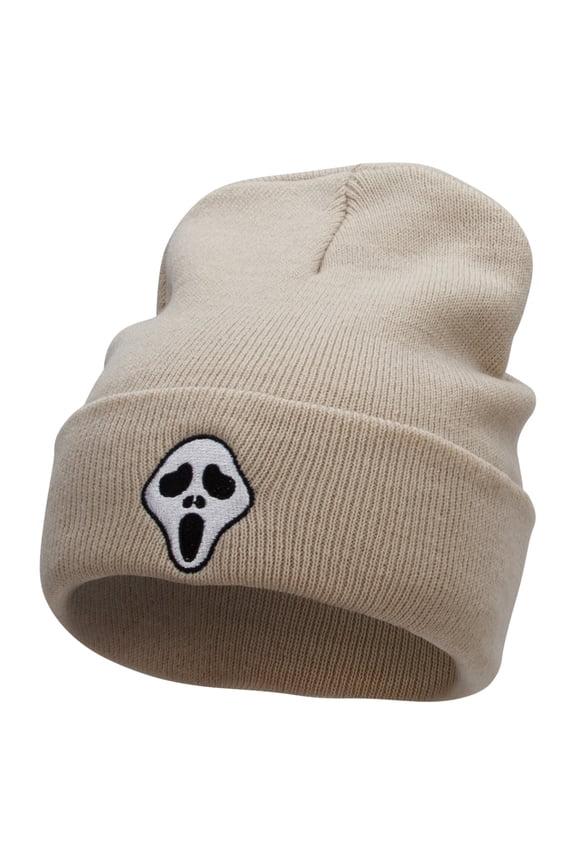 Scary Face Mask Embroidered 12 Inch Long Knitted Beanie - Birch OSFM