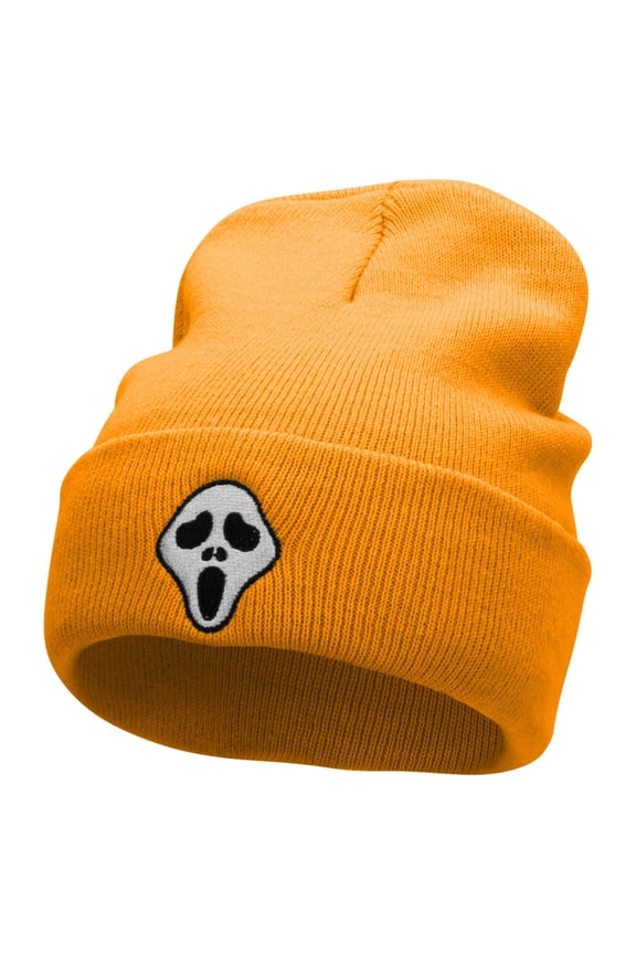 Scary Face Mask Embroidered 12 Inch Long Knitted Beanie - Yellow OSFM