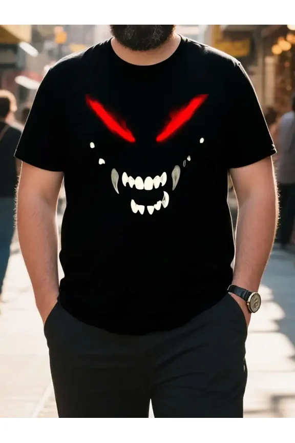 Scary Fanged Creature Red Eyes Men Cotton Graphic Short Sleeve T-Shirt