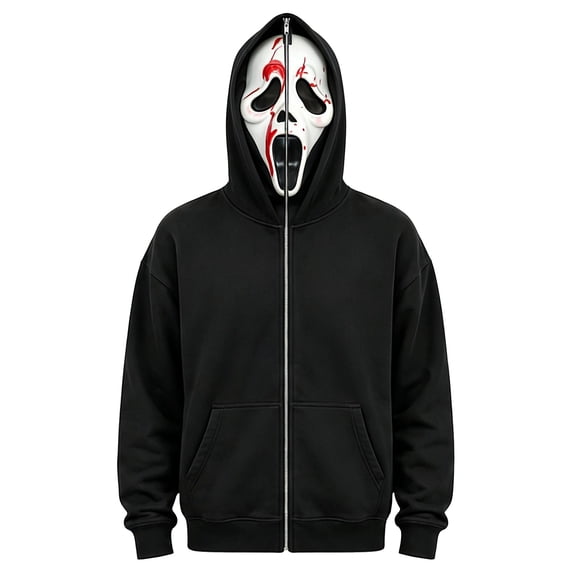 Scary Ghost Face Full Zip Masked Hoodie, Black Long Sleeve Hooded Sweatshirt Outfit for Men Women Halloween