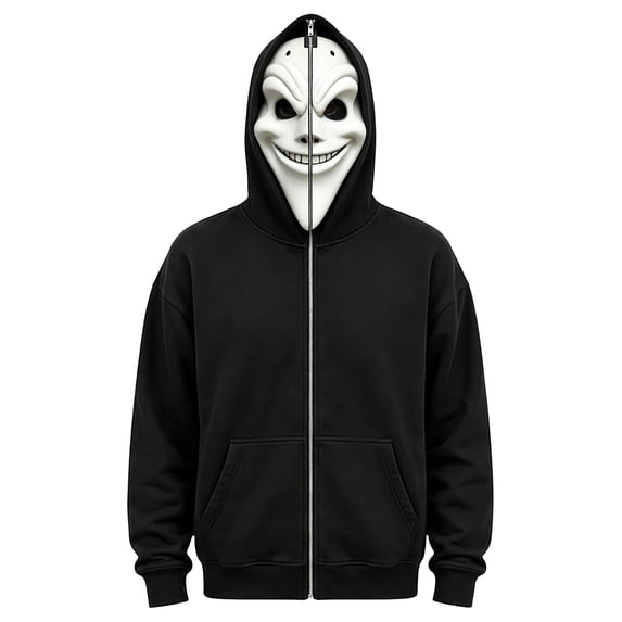 Scary Ghost Face Full Zip Masked Hoodie, Black Long Sleeve Hooded Sweatshirt Outfit for Men Women Halloween