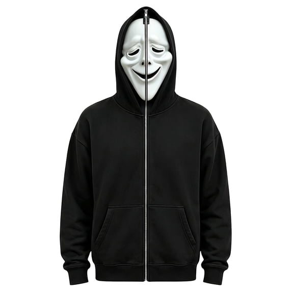 Scary Ghost Face Full Zip Masked Hoodie, Black Long Sleeve Hooded Sweatshirt Outfit for Men Women Halloween